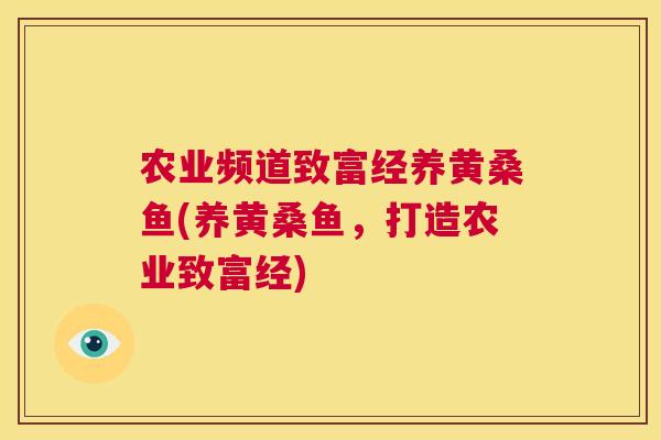 农业频道致富经养黄桑鱼(养黄桑鱼,打造农业致富经) 农业频道致富经养黄桑鱼(养黄桑鱼,打造农业致富经)