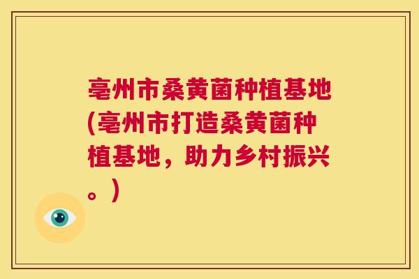 亳州市桑黄菌种植基地(亳州市打造桑黄菌种植基地,助力乡村振兴。) 亳州市桑黄菌种植基地(亳州市打造桑黄菌种植基地,助力乡村振兴。)