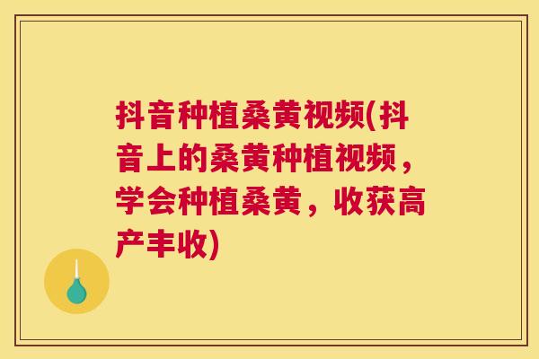 抖音种植桑黄视频(抖音上的桑黄种植视频,学会种植桑黄,收获高产丰收) 抖音种植桑黄视频(抖音上的桑黄种植视频,学会种植桑黄,收获高产丰收)