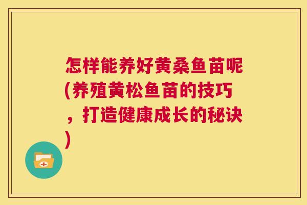怎样能养好黄桑鱼苗呢(养殖黄松鱼苗的技巧,打造健康成长的秘诀) 怎样能养好黄桑鱼苗呢(养殖黄松鱼苗的技巧,打造健康成长的秘诀)