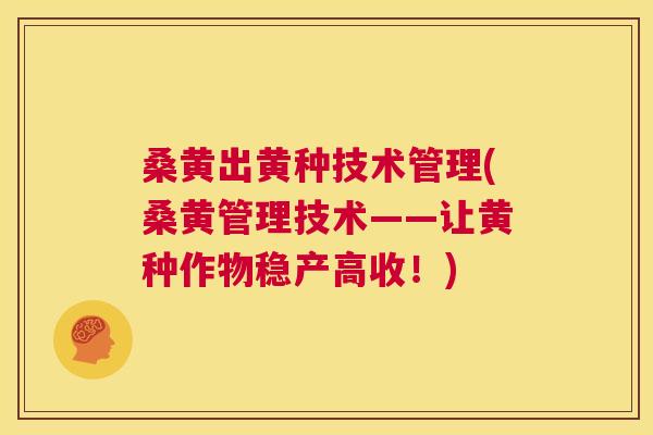 桑黄出黄种技术管理(桑黄管理技术——让黄种作物稳产高收!) 桑黄出黄种技术管理(桑黄管理技术——让黄种作物稳产高收!)